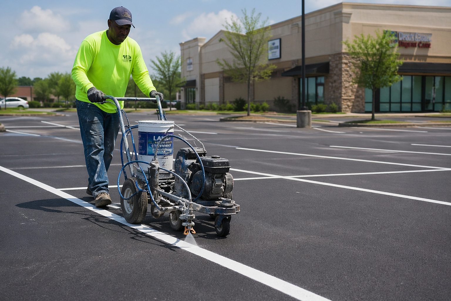 Expert asphalt striping for parking stalls, fire lanes, and directional markings with sharp, long-lasting paint.