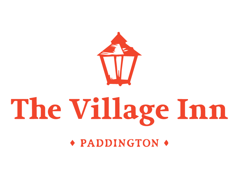 Logo for The Village Inn in Paddington, featuring a stylized red lantern and text.