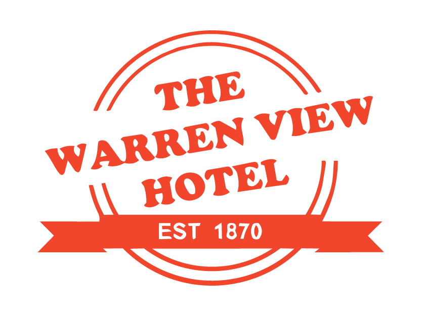 Logo of The Warren View Hotel with red text and design on black background, established 1870.