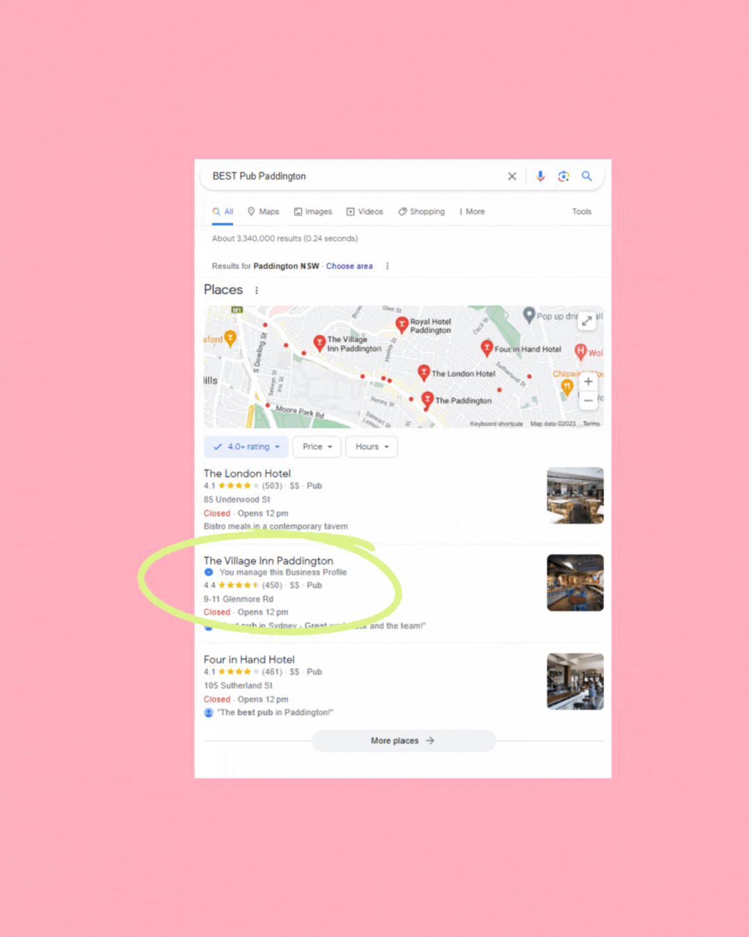 Screenshot of Google search results for 'Best Pub Paddington,' highlighting 'The Village Inn Paddington' with a 4.4-star rating and marked with a yellow circle.