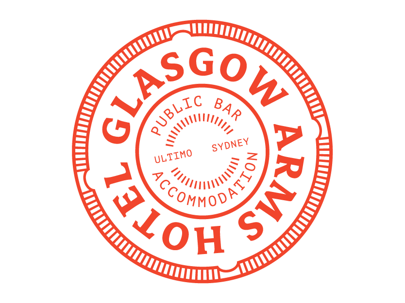 Circular graphic with red text on a black background promoting the Glasgow Arms Hotel, featuring words like Public Bar, Accommodation, Sydney, Ultimo.