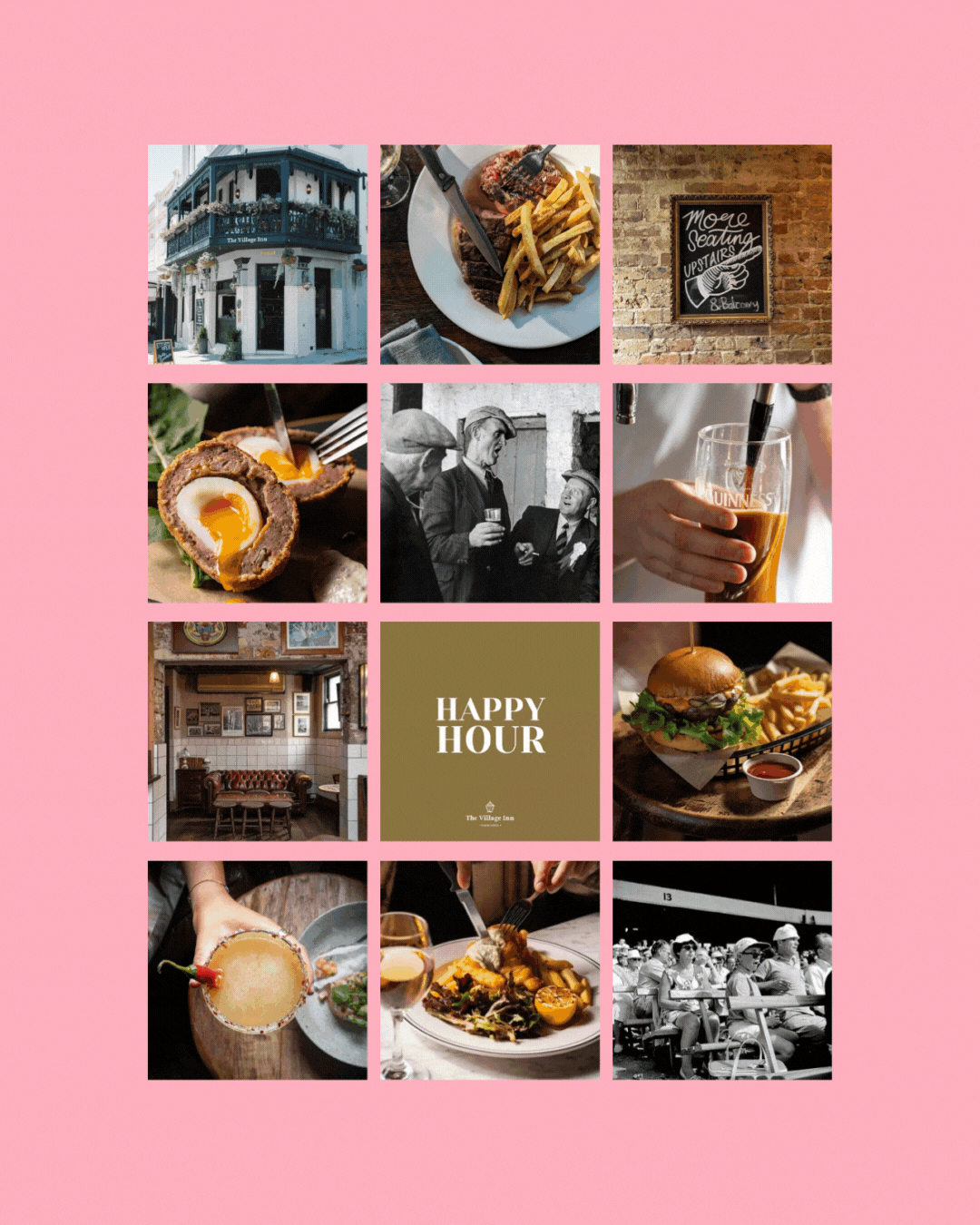 Collage of images featuring a bar, food and drinks, a sign for seating, people socializing, a burger with fries, a burger with dipping sauce, a drink with a straw, a cozy interior, a "Happy Hour" sign, a drink with a lime wedge, and people sitting outdoors.