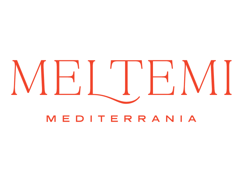 Meltemi Mediterrania logo with red text on a black background.