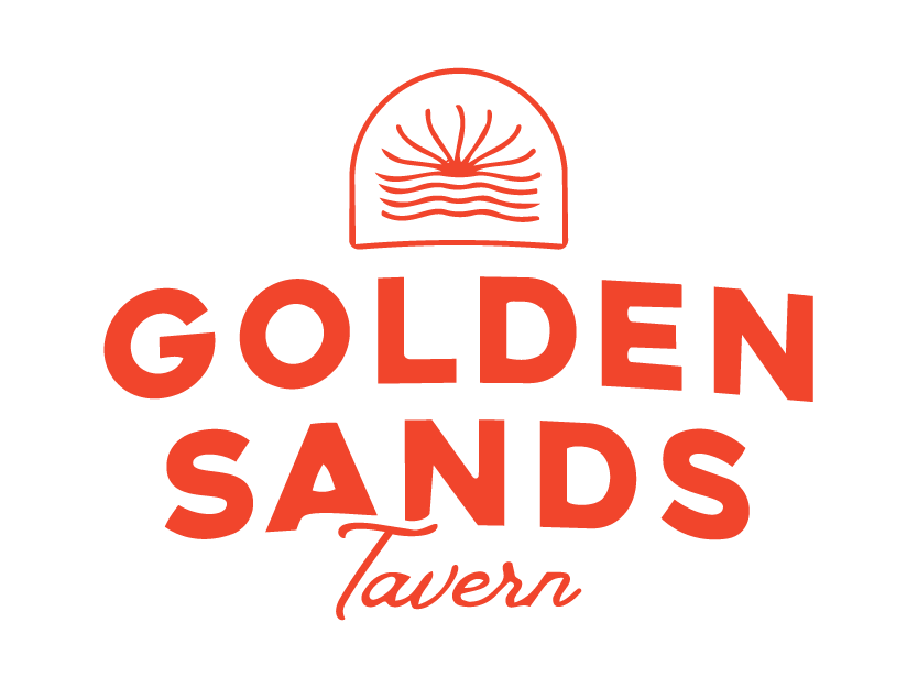 Logo for Golden Sands Tavern featuring stylized sun rising over waves, with the establishment name in bold red letters and 'Tavern' script underneath.