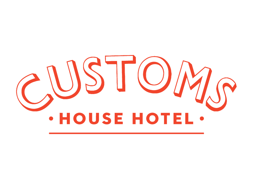 Logo with the text 'CUSTOMS HOUSE HOTEL' in red on a black background.