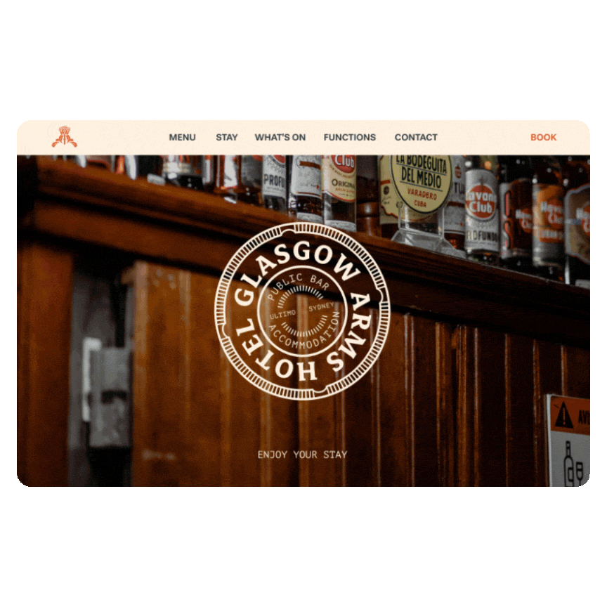Webpage homepage for a bar and accommodation in Sydney, featuring a bar with bottles on shelves and a circular logo with the text 'El Glasgow Arms Hotel' and 'Public Bar, Accommodation, Sydney'.