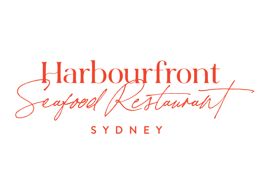 Harbourfront Seafood Restaurant Sydney logo with black background, red cursive and block fonts.