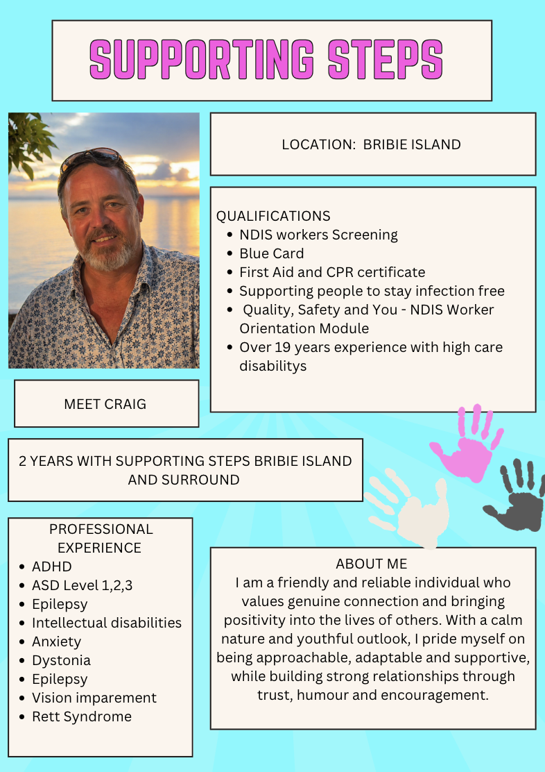 Poster titled 'Supporting Steps' with a photo of a man named Craig, information about his location at Bribie Island, qualifications for supporting people, and professional experience with disabilities. Includes a section about Craig and his personal values, surrounded by colorful handprints.