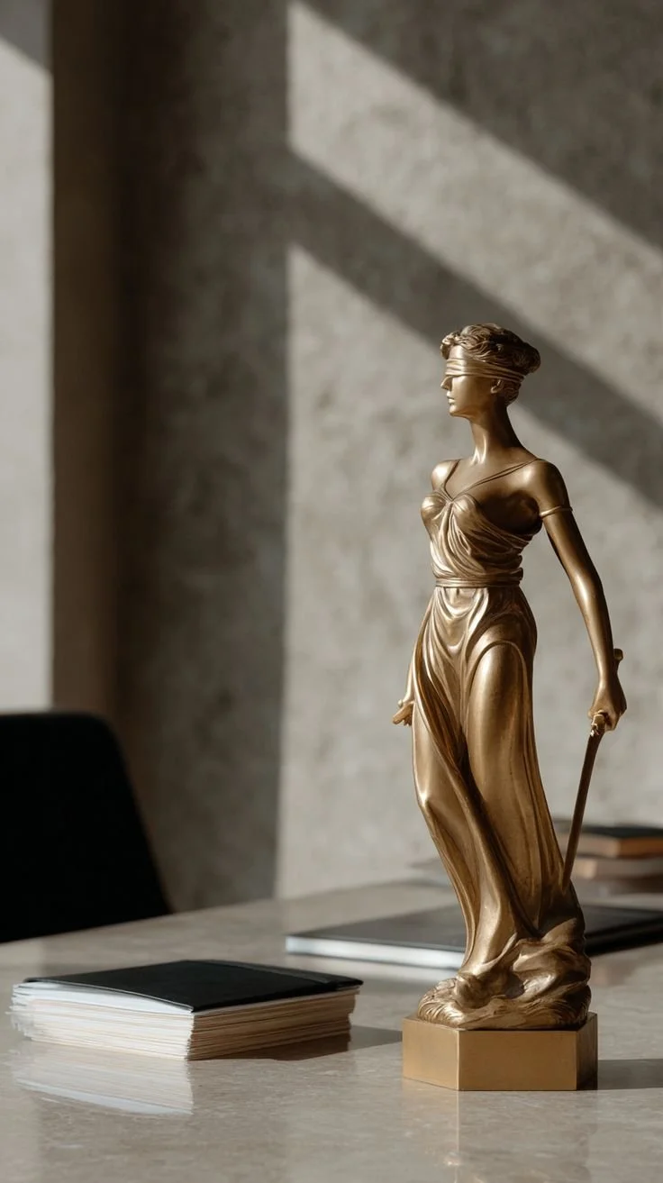 Estatua dorada de una mujer con venda en los ojos, vestida con toga, en una mesa junto a unas carpetas.