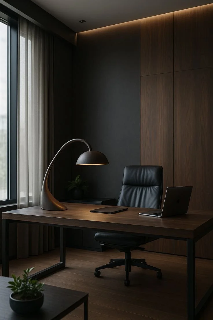 Una oficina moderna con escritorio de madera, lámpara de escritorio, silla de oficina negra, laptop, cortinas largas y una planta en una maceta.