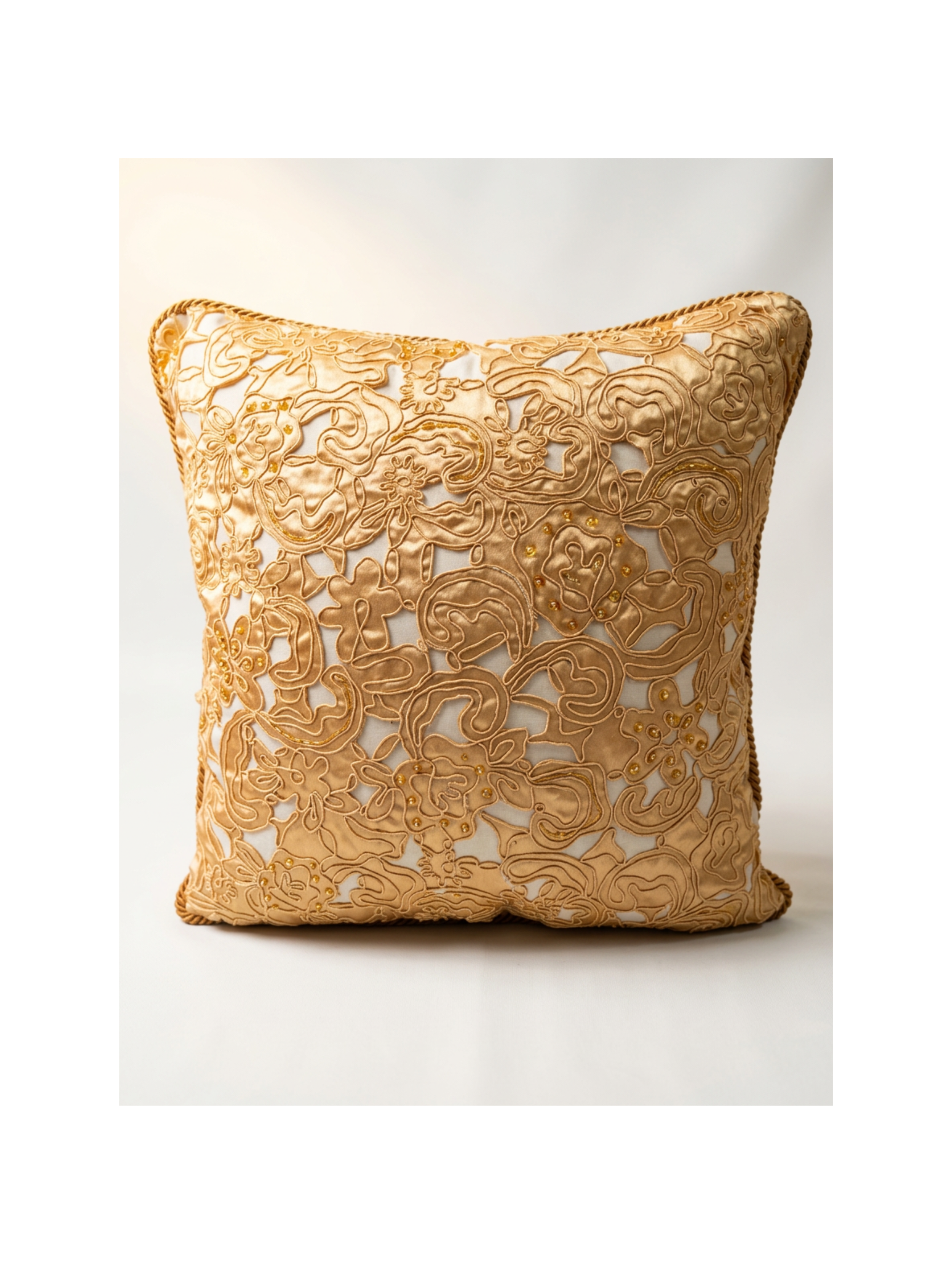 Peach Beaded Floral Taffeta Throw Pillow