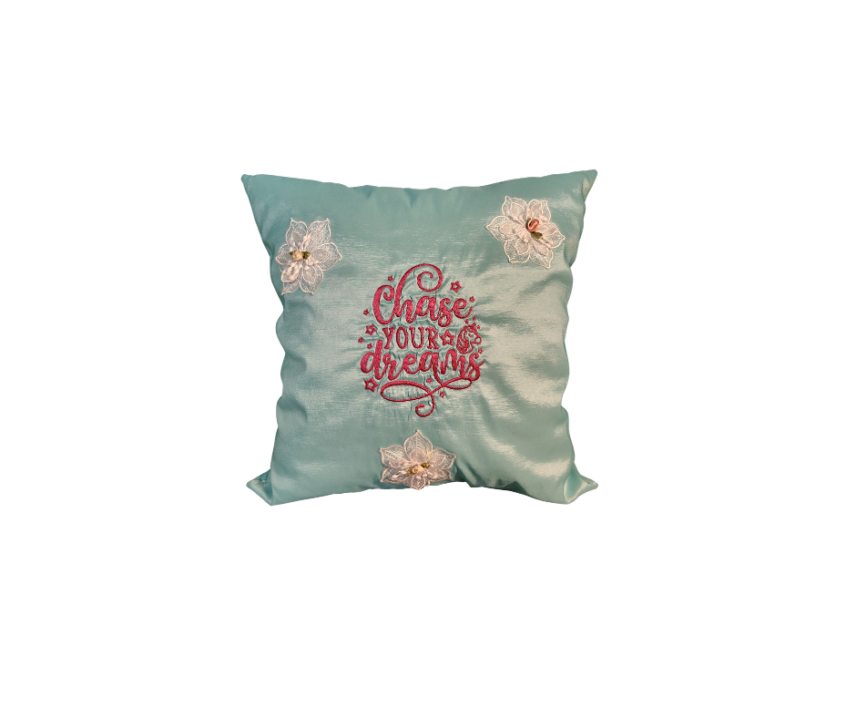 Pink Chase Your Dreams Unicorn Embroidery on Blue Silk Pillow with Cute Flowers Front.png