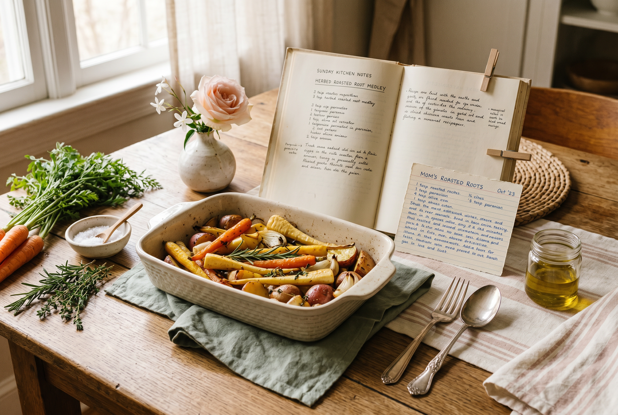 A wooden dining table with a ceramic bowl of roasted vegetables, a bunch of fresh herbs, a small bowl of salt, a fork and spoon, a jar of olive oil, and a paper menu next to a vase with a pink rose and white flowers. In the background, a window with light curtains provides natural light.