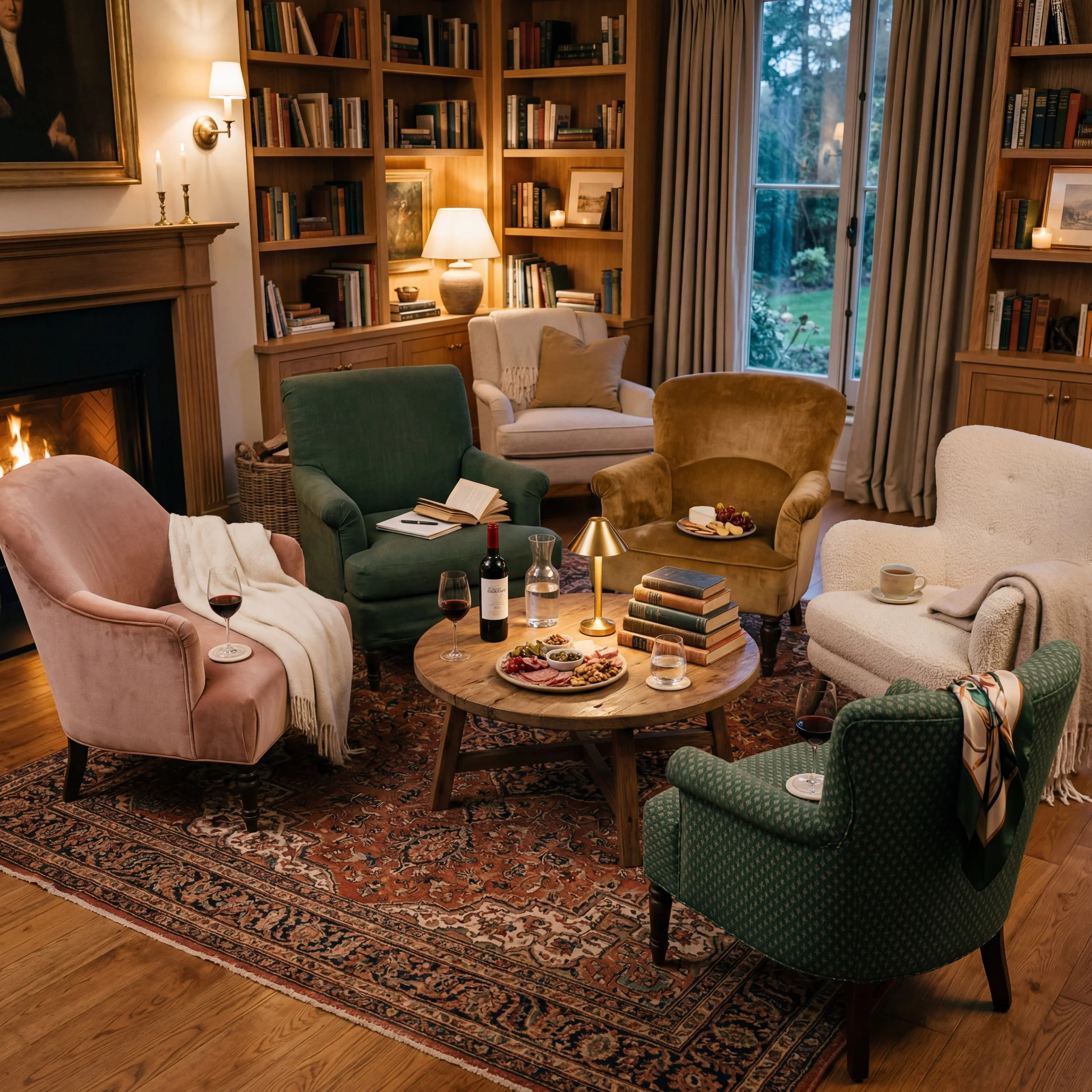 Magnolia Social Club Book Club intimate gathering forest green and blush reading room Cherokee County