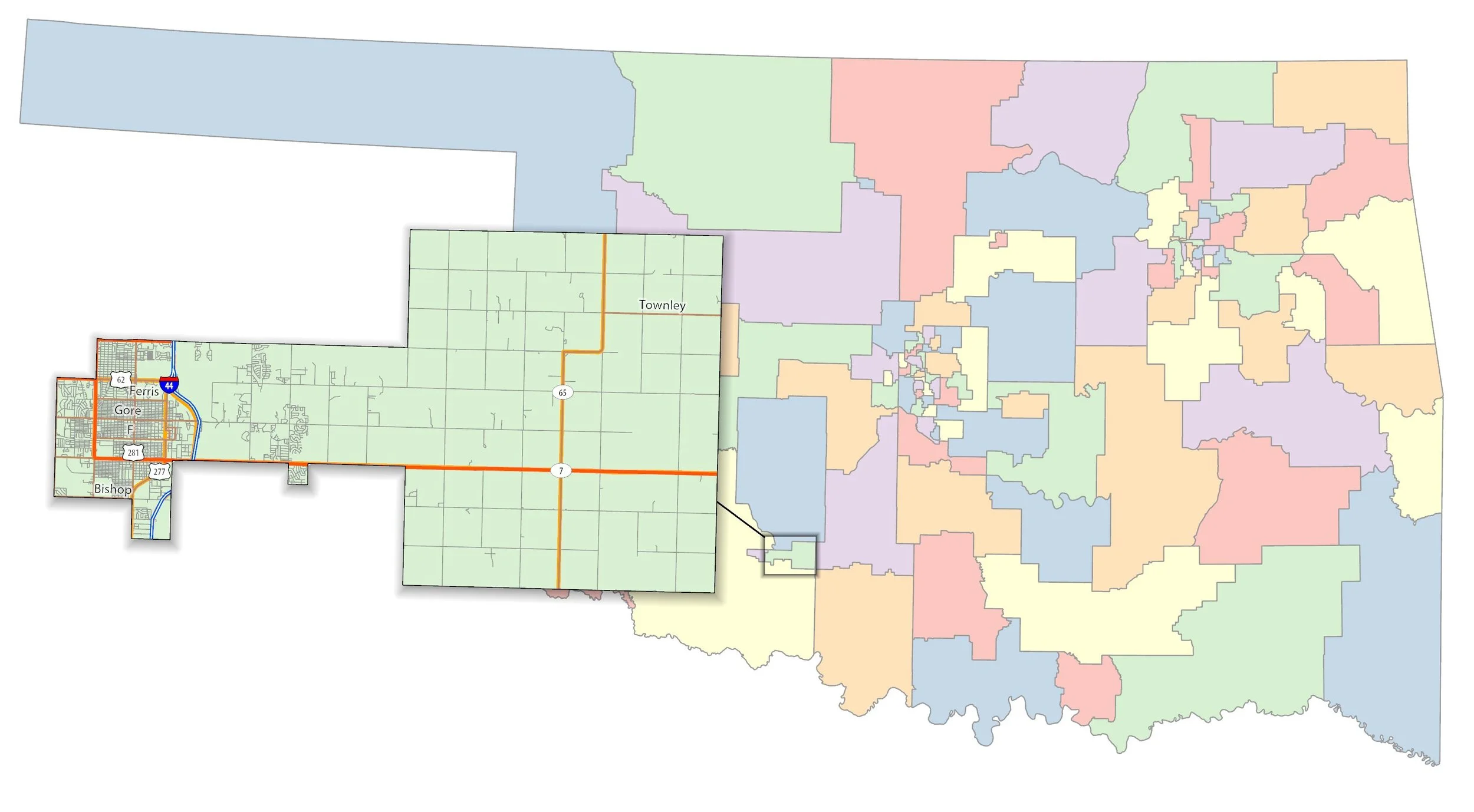 Map of Oklahoma with a zoomed inset highlighting the towns of Bishop, Gore, Ferris, and Townley in the southwestern part of the state.