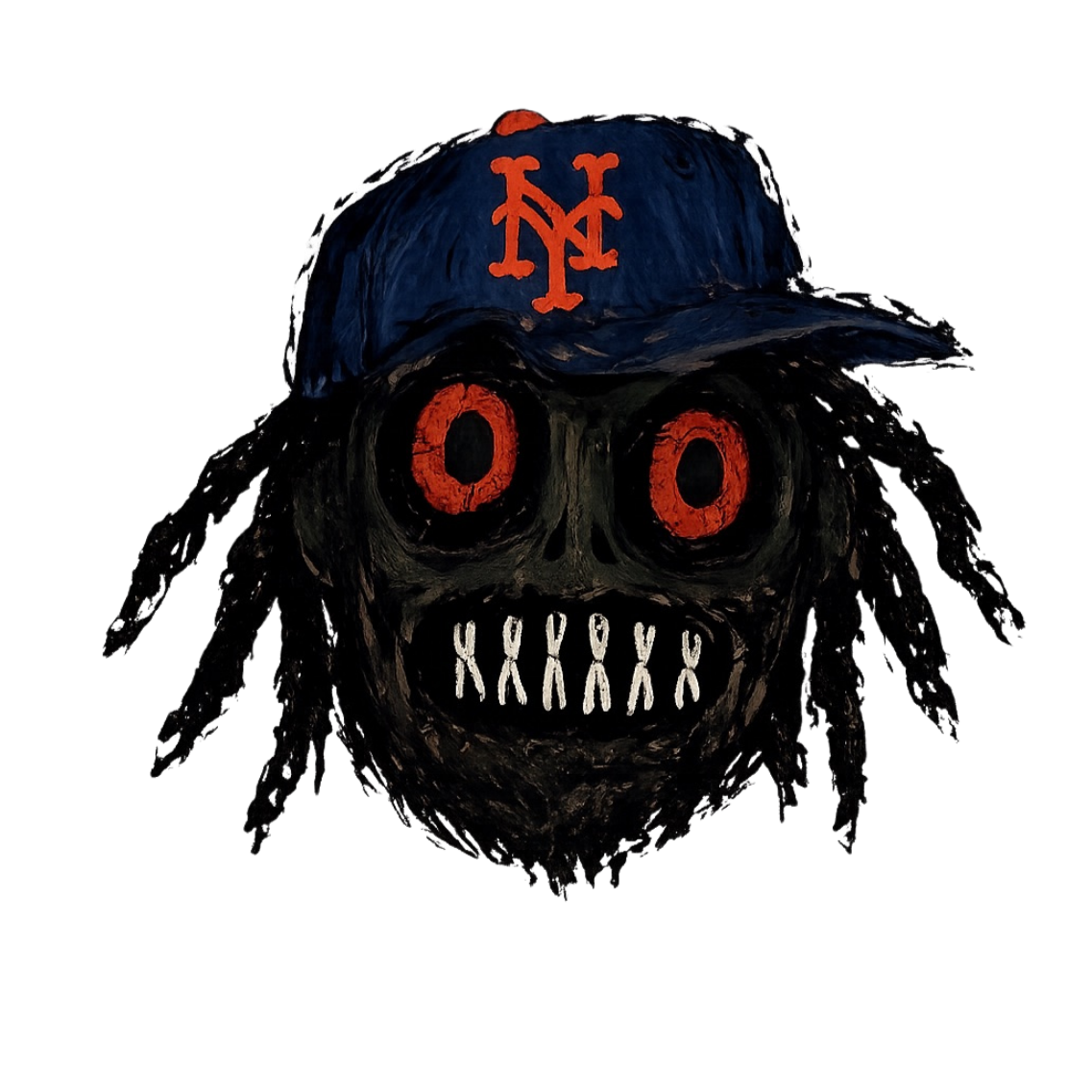 Drawing of a black skull with red eyes and white teeth, wearing a Brooklyn Nets baseball cap.