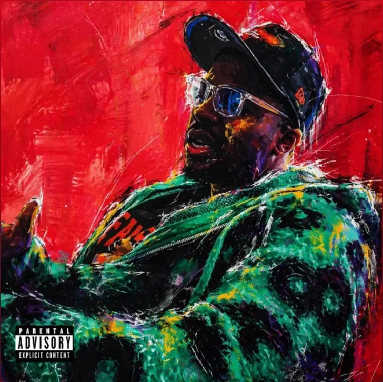 Colorful, artistic portrait of a man wearing sunglasses, a cap, and a green patterned jacket against a red background.