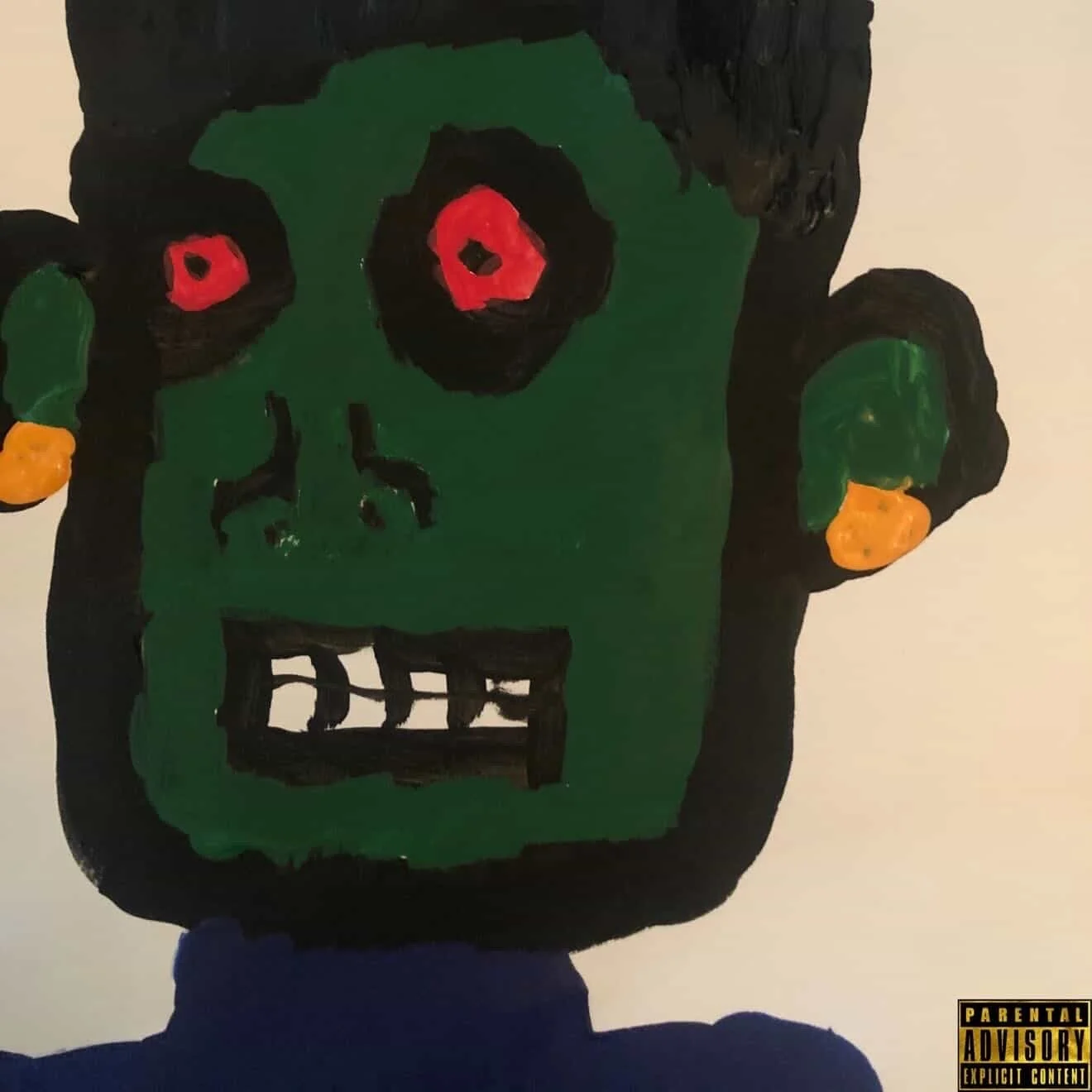 Child's drawing of a green face with red eyes, a wide mouth with teeth, and black hair, with orange earrings and a blue shirt.