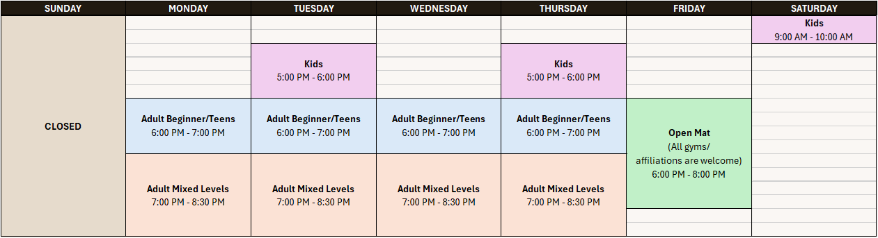 Weekly fitness class schedule with classes for kids, adults, and open gym hours, organized by days of the week and time slots.