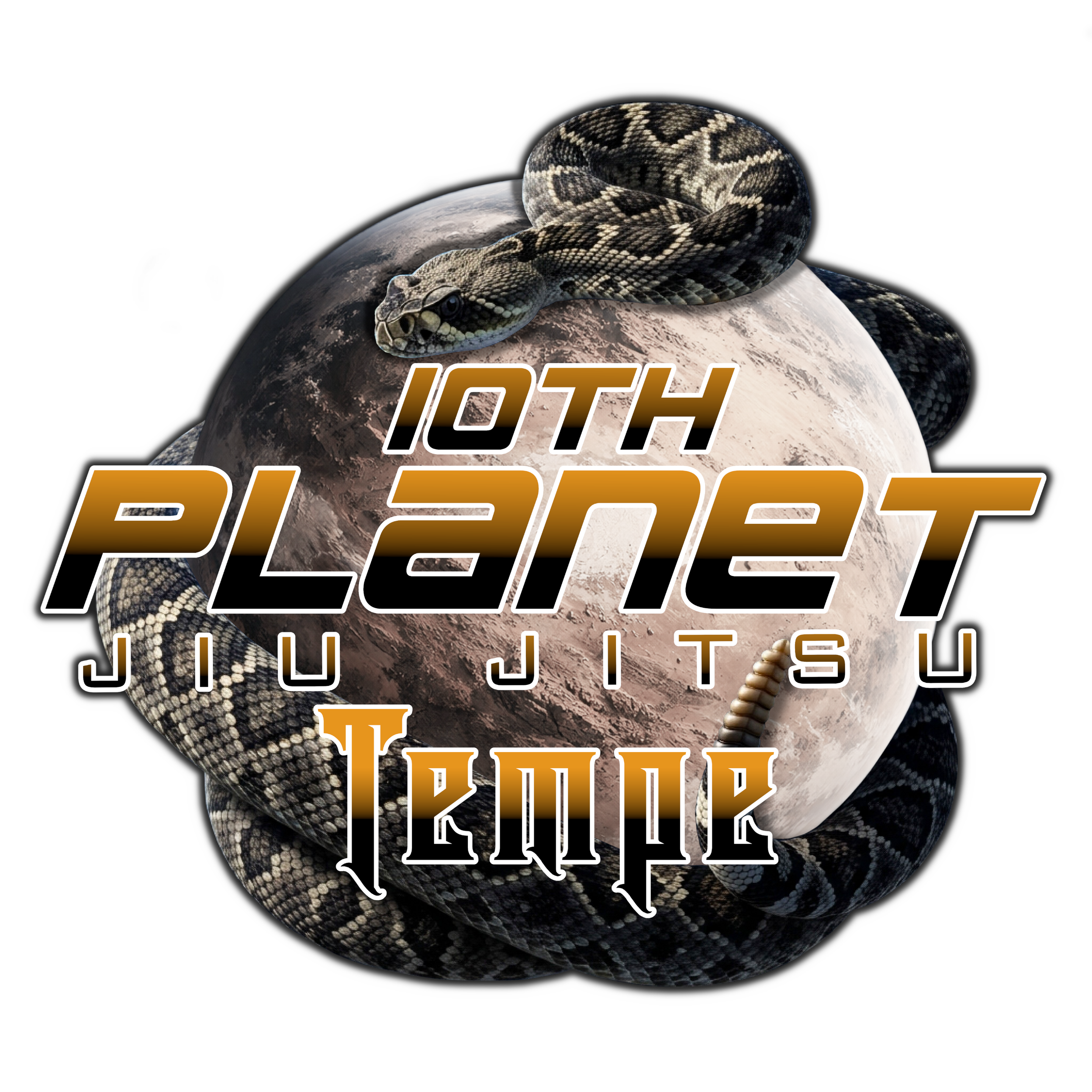 A snake coiled around a desert planet and stylized text reading '10th Planet Jiu Jitsu Tempe'.