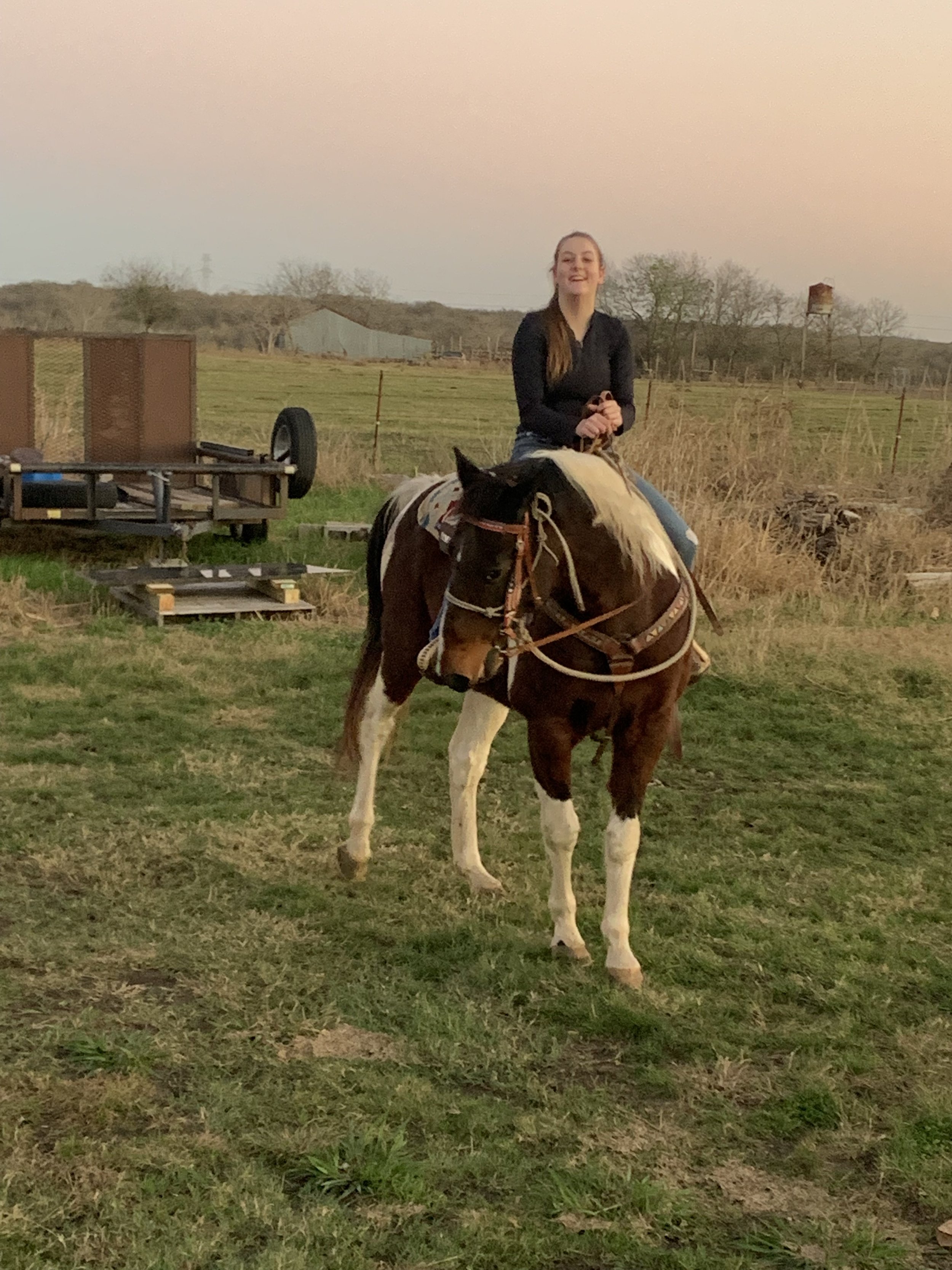 A young woman riding a brown and white horse in an open grassy area during dusk, with trees and a fence in the background.