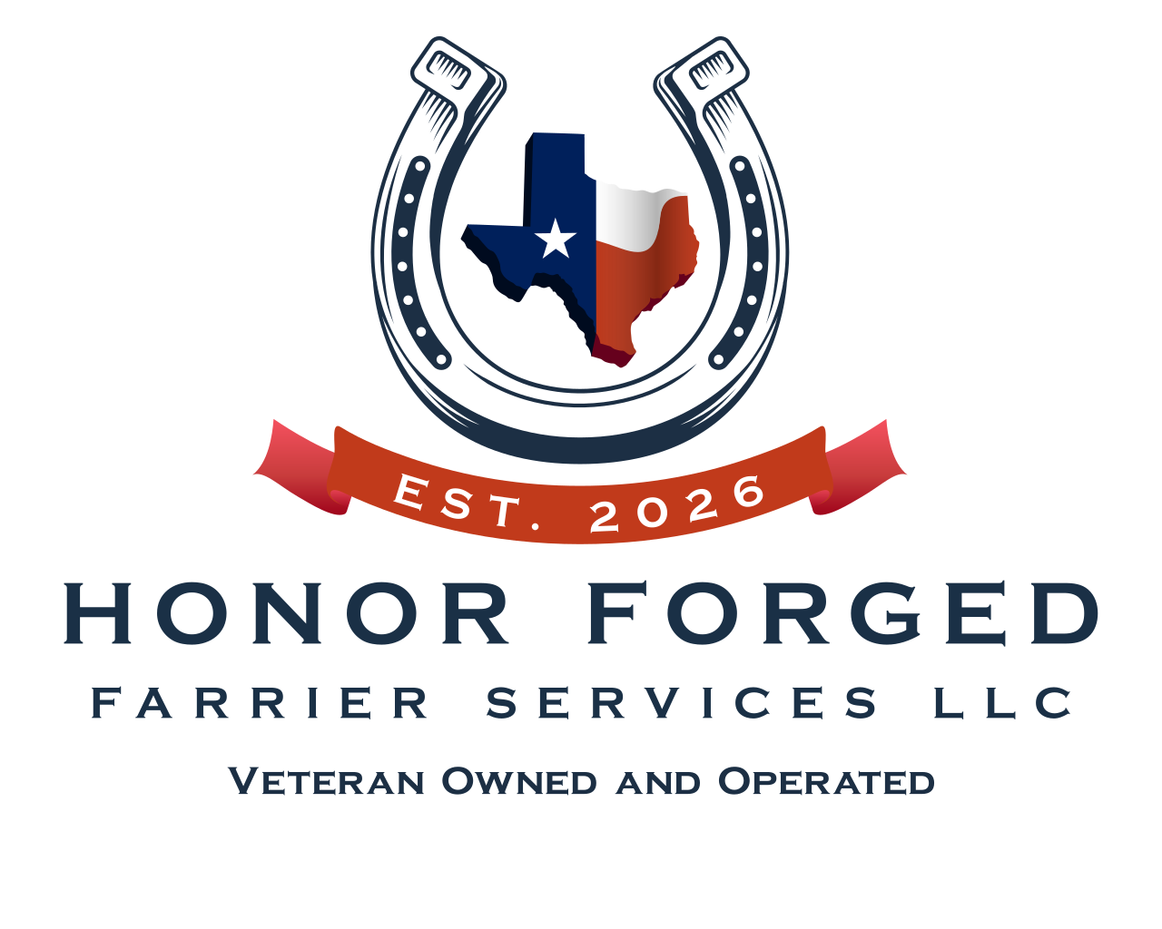 Logo of Honor Forged Farrier Services LLC featuring a horseshoe, the Texas map with the Texas flag inside, a red banner with 'EST. 2026,' and text indicating veteran ownership.