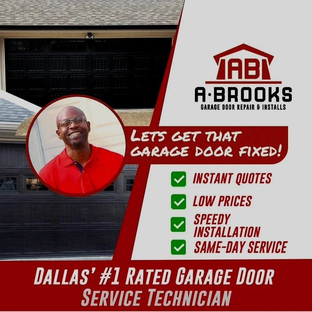 Advertisement for ABY A-Brooks garage door repair and installation service featuring a smiling man in a red shirt, with a garage door in the background, and text highlighting services like instant quotes, low prices, speedy installation, same-day service, and claiming to be Dallas's number one rated garage door service technician.