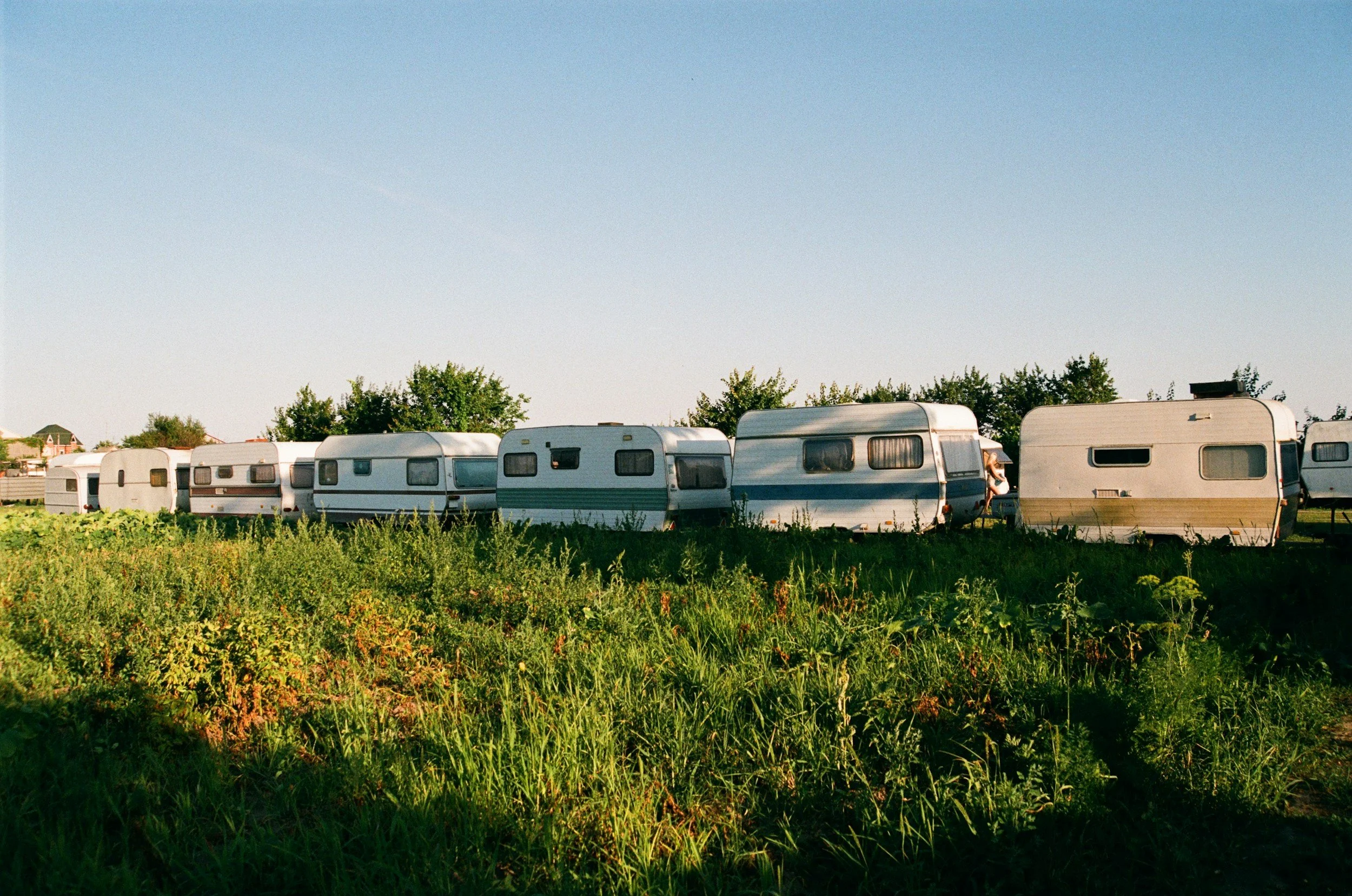 Line of camper trailers parked in a grassy field with a clear sky and some trees in the background.