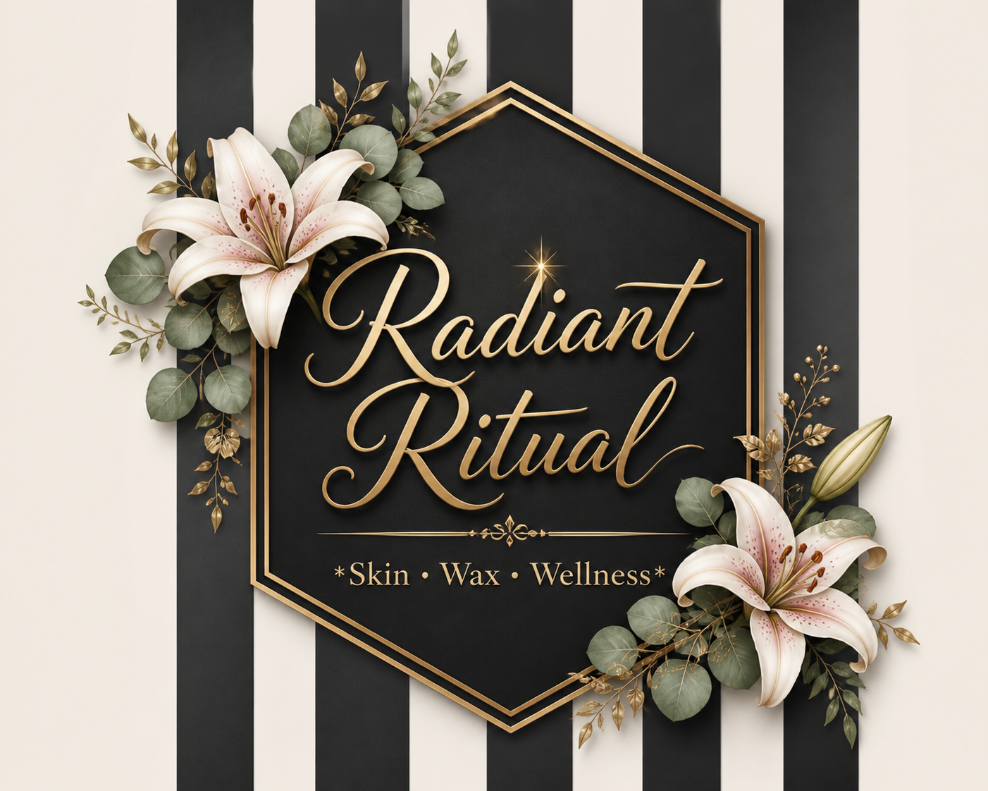 Sign for a skincare and wellness business called Radiant Ritual, with a black background and gold lettering, decorated with white lilies and green leaves.