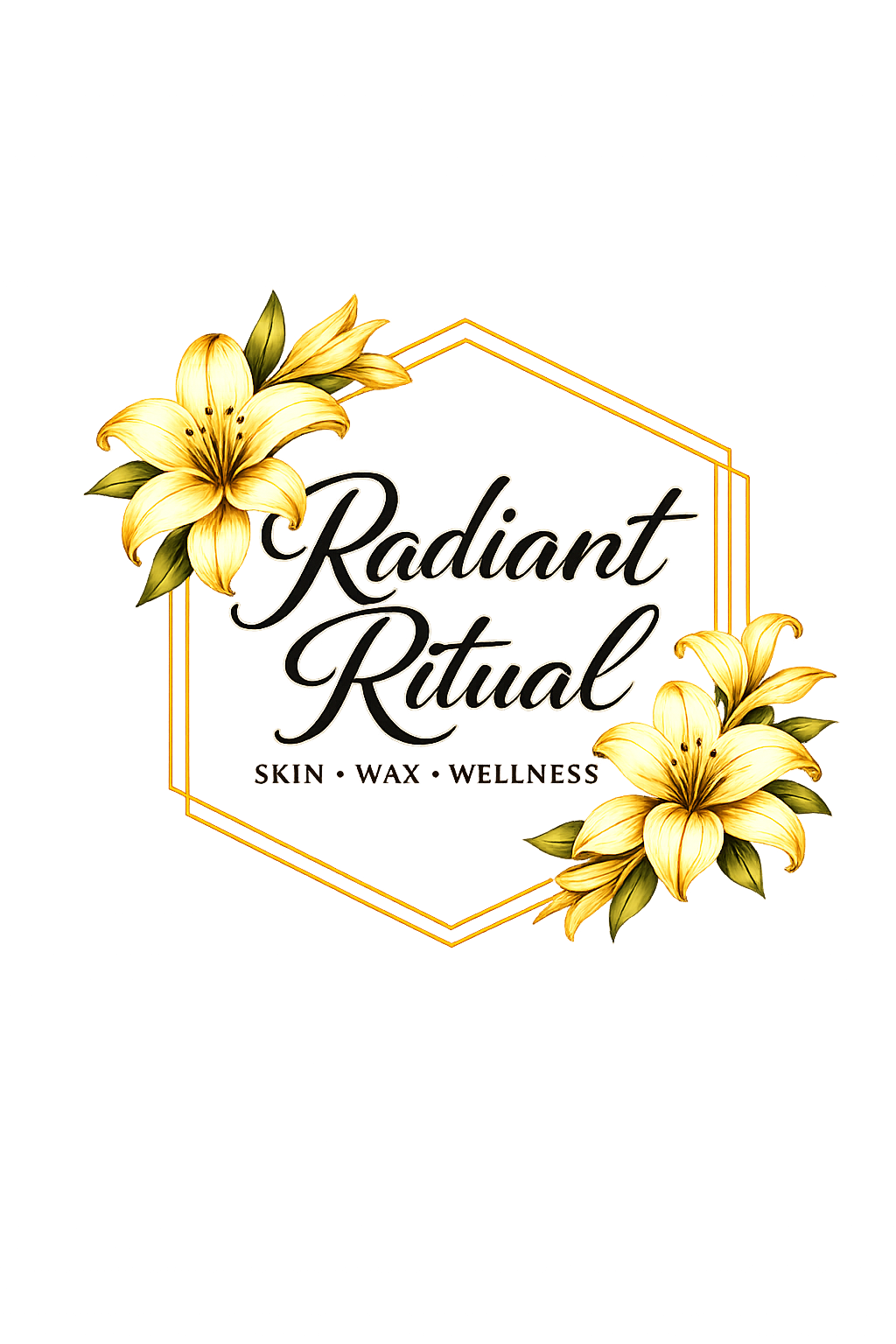 A promotional graphic for Radiant Ritual, focusing on skin, wax, and wellness, featuring yellow lilies and a gold and black color scheme.
