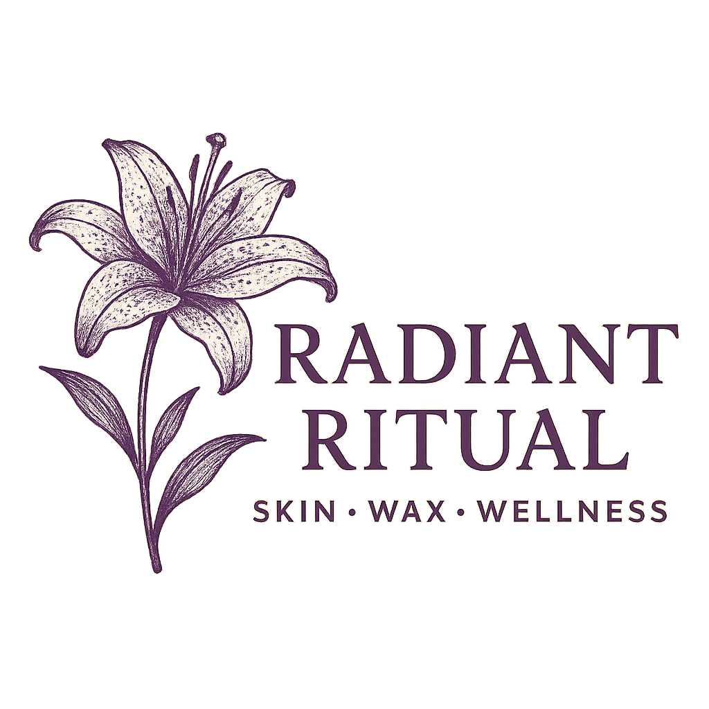 Logo for Radiant Ritual featuring a purple lily flower with text 'Radiant Ritual' and 'Skin, Wax, Wellness'.
