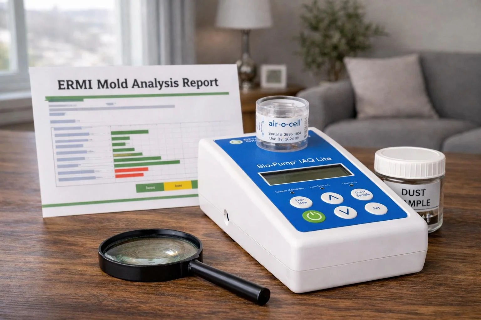 Indoor setting with a mold analysis kit, including a mold test sample container labeled 'air-o-cell', a dust sample container labeled 'DUST SAMPLE', a magnifying glass, a Bio-Pump device, and a mold analysis report on a wooden table, with a gray couch and window in the background.