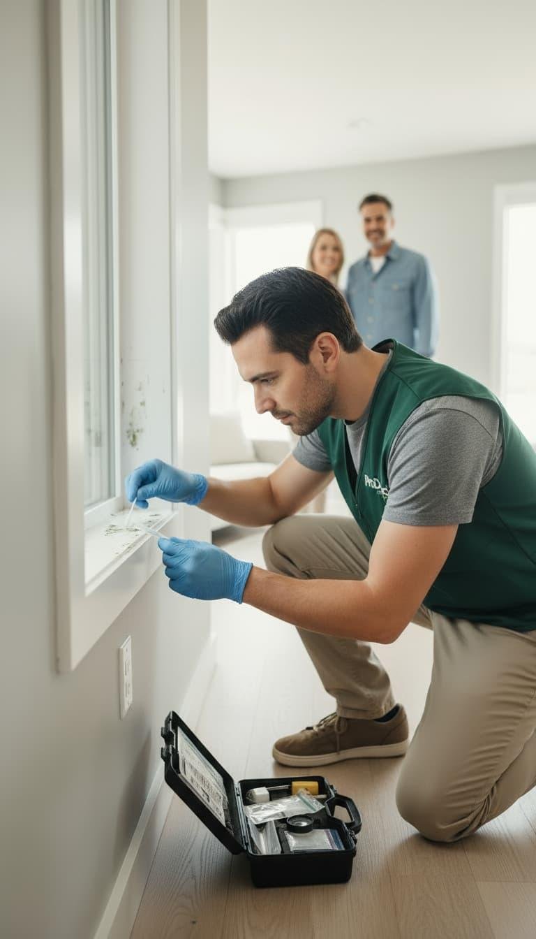 A technician wearing gloves and a vest using testing equipment near a window while a couple observes in the background.