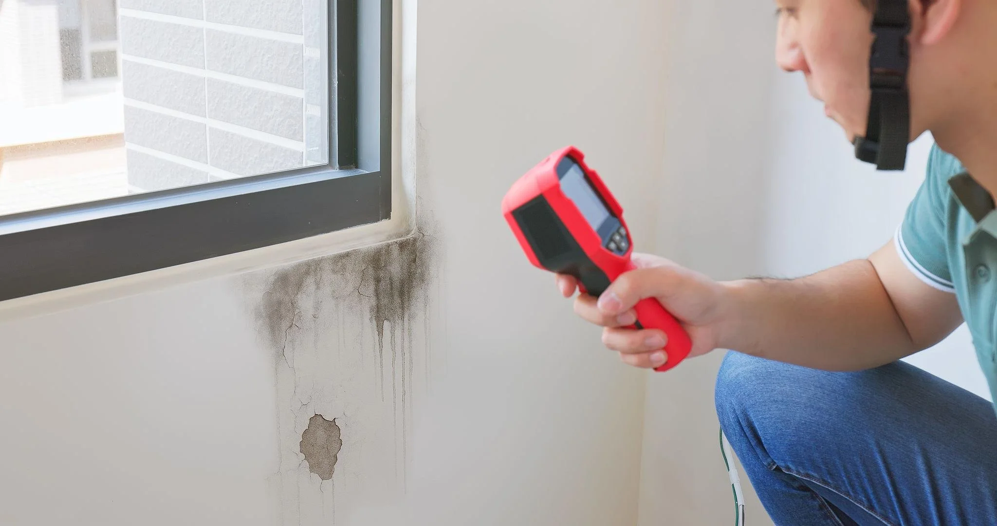 A person wearing a helmet uses a thermal camera to inspect the base of a wall with peeling paint and mold near a window.