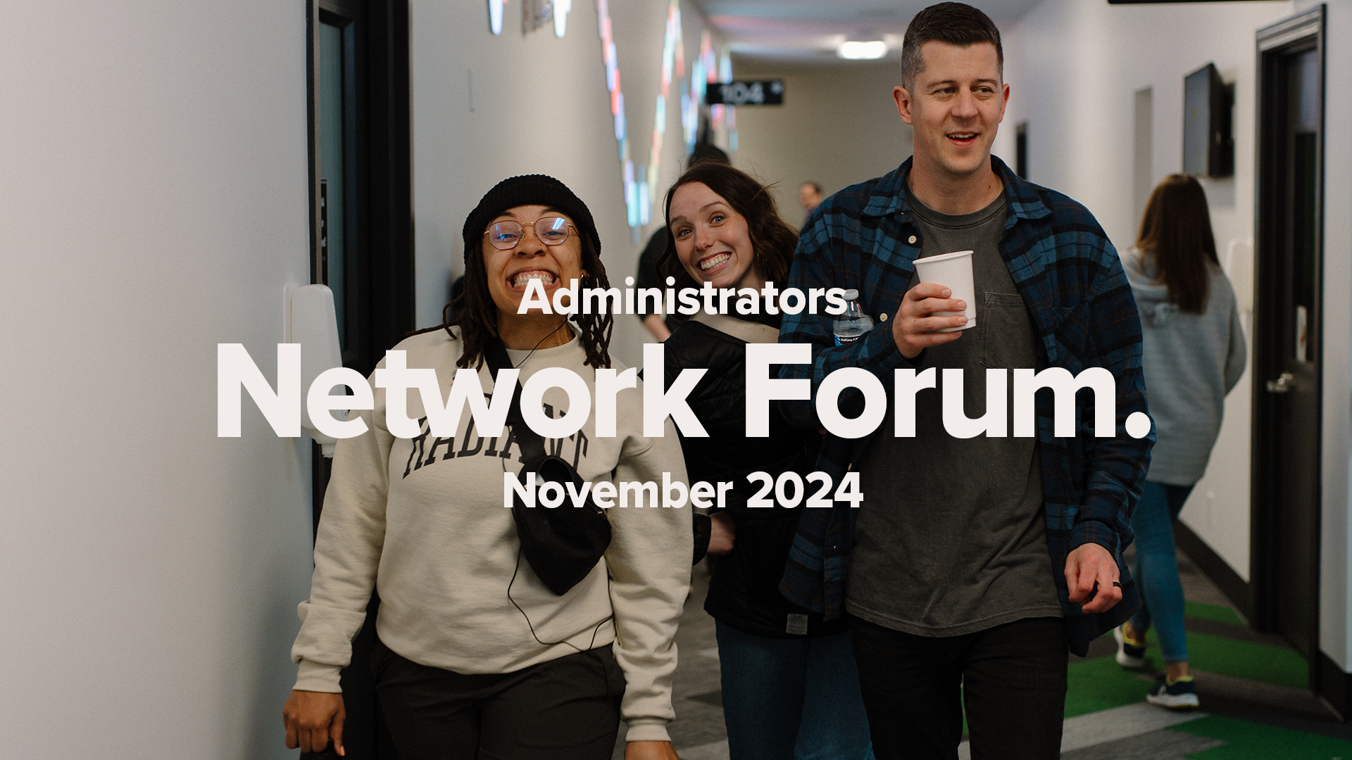 Three young adults smile at the camera. Promo for Administrators Network Forum
