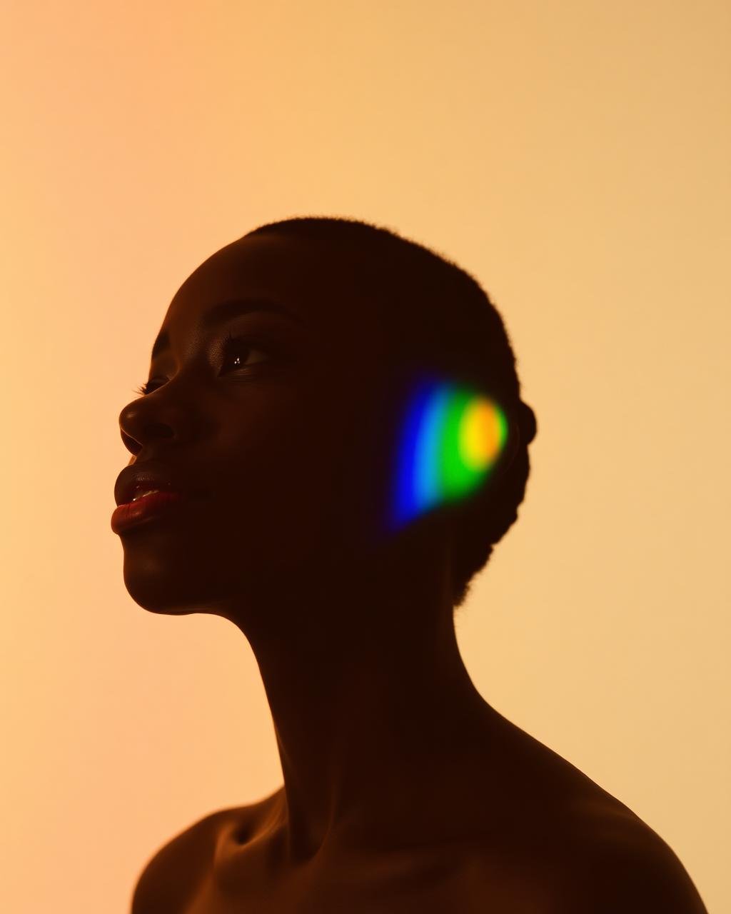 Silhouette of a person with a rainbow-colored light reflecting on their face against a gradient background.