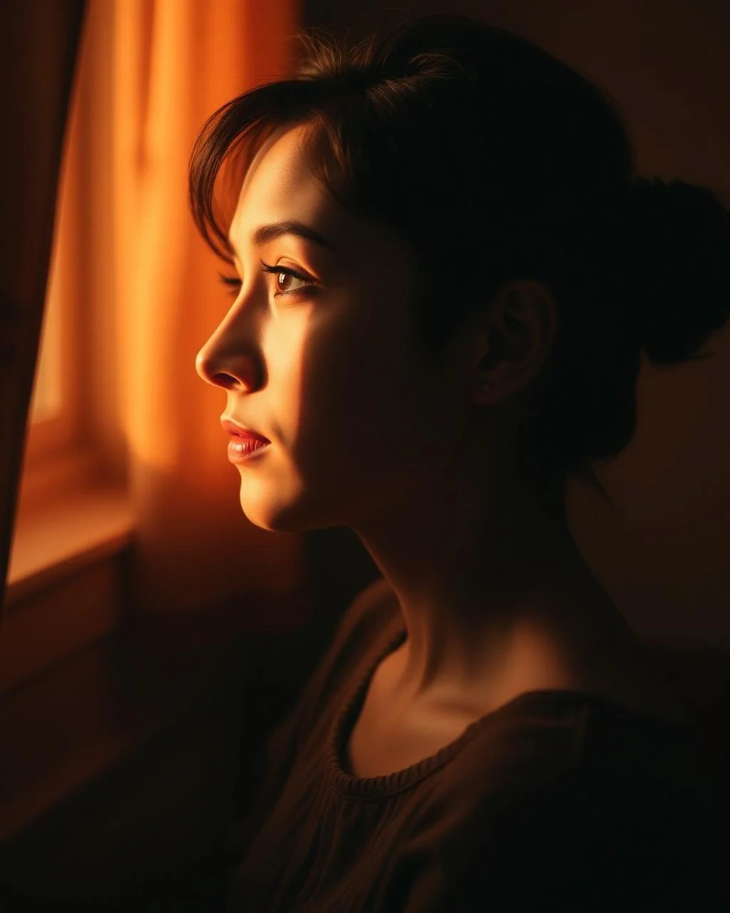 A woman with dark hair gazes out a window at sunset, illuminated by warm orange light.