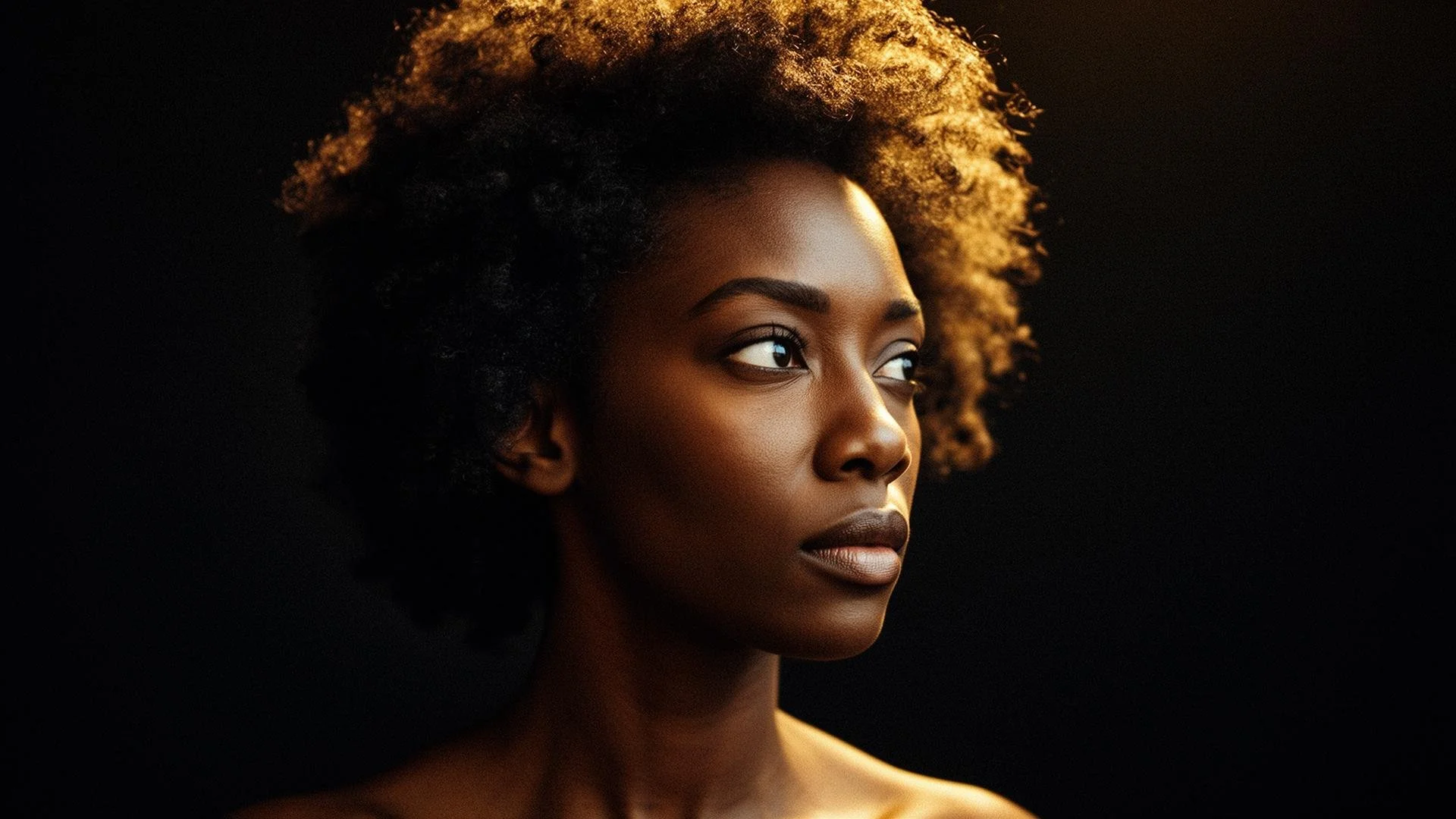 Close-up of a young African American woman with a natural afro hairstyle, looking to the side against a dark background, with warm lighting highlighting her face.