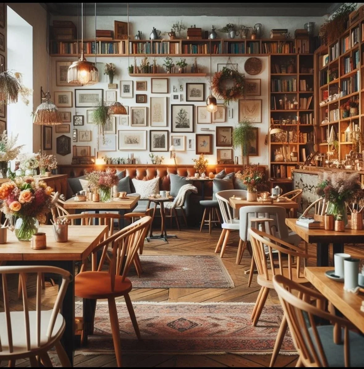 Cozy cafe interior with wooden tables, chairs, and shelves. Decor includes framed art, plants, flowers, hanging light fixtures, and books. The atmosphere is warm and inviting.