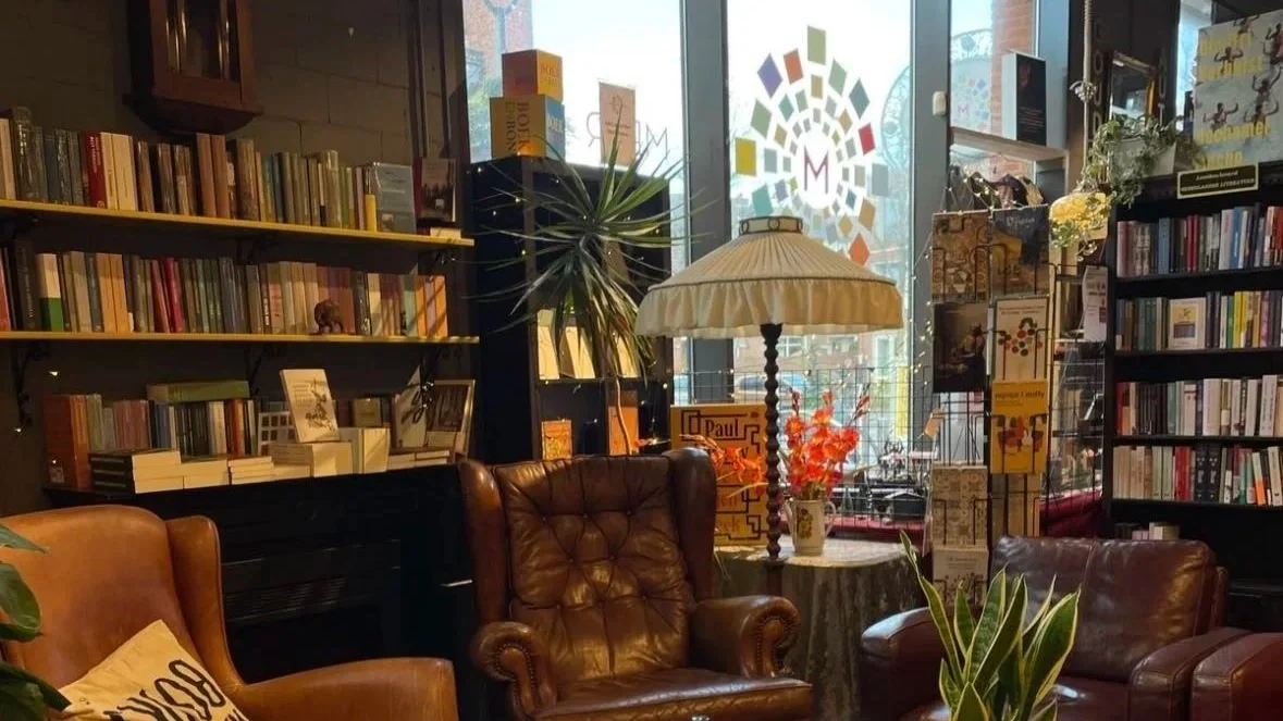 A cozy bookstore or library corner with leather chairs, bookshelves filled with books, a large window with a colorful circular design, a lamp, and decorative plants.