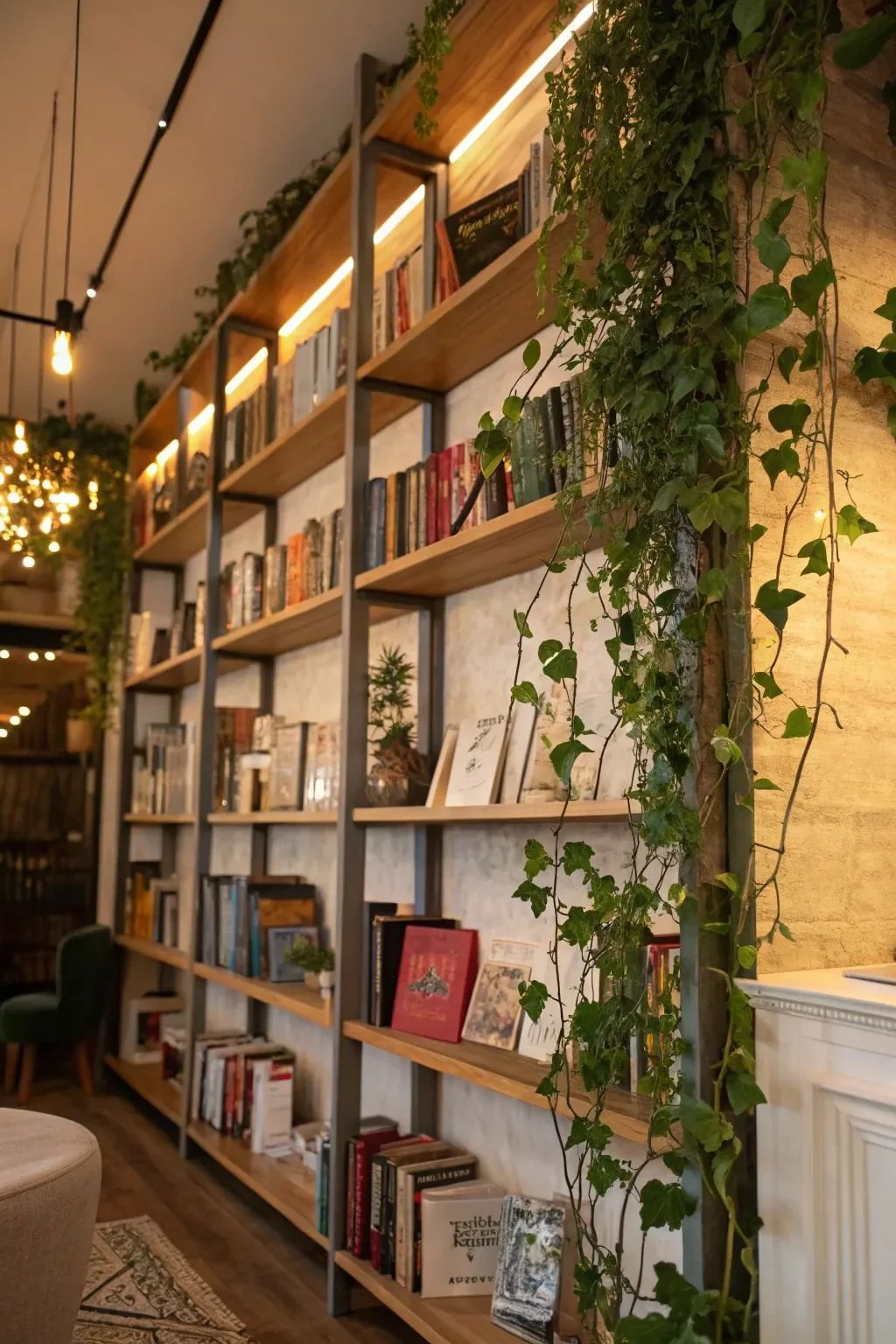 Indoor scene with a tall wooden and metal bookshelf filled with books, decorated with green ivy and small plants, in a warmly lit space.