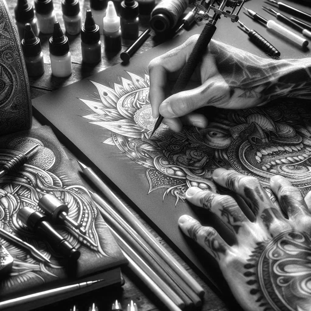 Close-up of a tattoo artist's hand creating intricate tribal-style tattoo art on a person's arm, surrounded by tattoo inks, needles, and drawing tools.