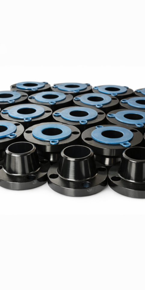 A collection of black mechanical components with blue accents, arranged in a pattern on a white background.