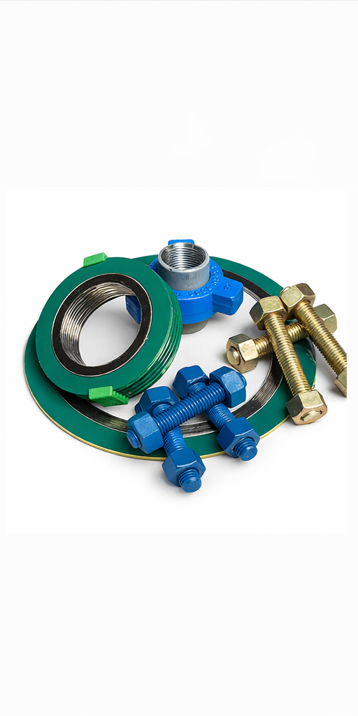 Assorted plumbing parts including a green rubber gasket, a blue compression fitting, brass bolts, and blue metal connector.