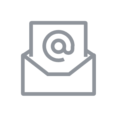 Icon of an envelope with an at symbol on a black background.