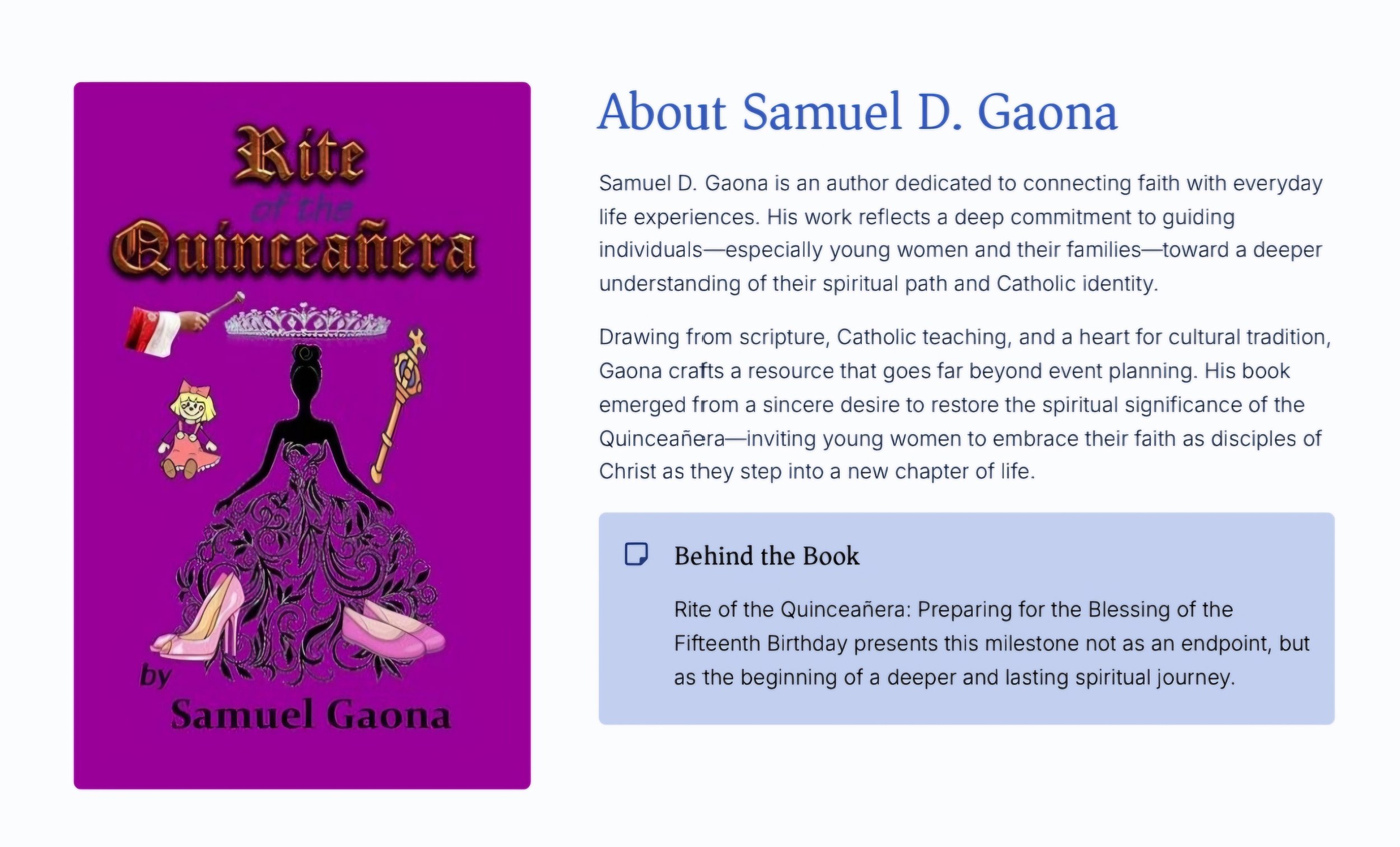 Rite of the Quinceañera' book cover with illustrations of a girl in a pink dress and heels, a crown, and religious symbols on the cover.