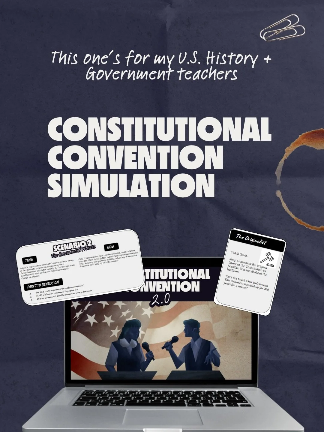 Comment &ldquo;2.0&rdquo; to get your paws on this Constitutional Convention simulation activity! 

It&rsquo;s allllllll editable so you can add more scenarios, reword the slides, change the worksheets, anything you&rsquo;d like!

Government class is