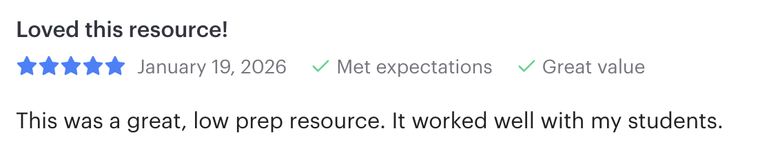 Online review with five stars, date January 19, 2026, positive feedback about a resource