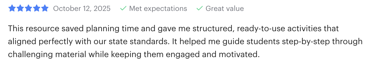 Star rating, review date, and positive feedback about a resource for planning and engaging students.