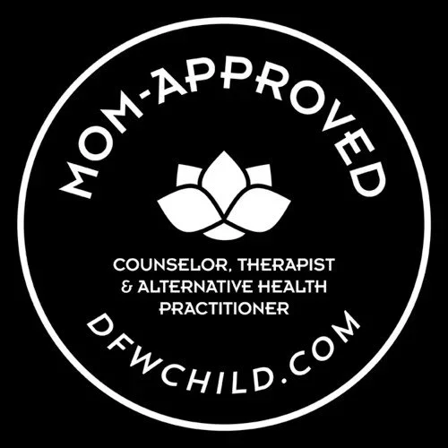 Black circular logo with the text 'Mom-Approved', a lotus flower icon, and 'Counselor, Therapist & Alternative Health Practitioner', along with the website 'DFWCHILD.COM'.
